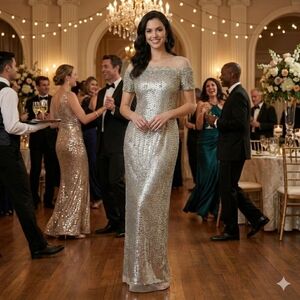 NWT Size 4 Aidan Mattox Silver Embellished Fully Sequined Evening Gown